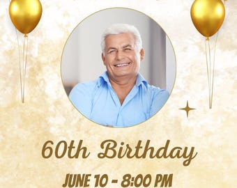 編集可能な60歳の誕生日招待状テンプレート | Canva誕生日招待状 | パーティー招待状 | すぐにダウンロード