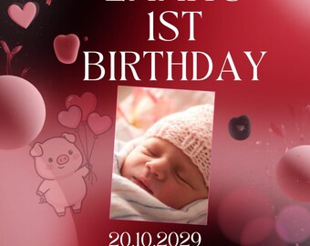編集可能な1歳の誕生日招待状Canvaテンプレート - かわいいブタと風船の赤ちゃん写真入り招待状