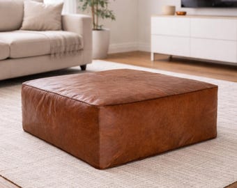 Puf otomano grande de cuero marrón, mesa de centro de cuero genuino, reposapiés, puf marroquí hecho a mano para sala de estar, tamaño personalizado, decoración