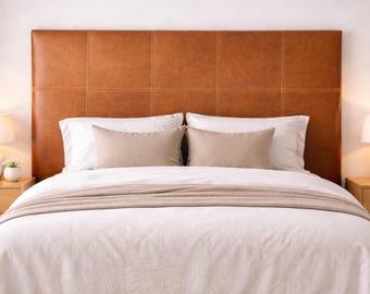 Cabecero de cama de cuero marrón hecho a mano, tapizado en cuero genuino, cabecero de cama moderno para montar en la pared, tamaño personalizado.