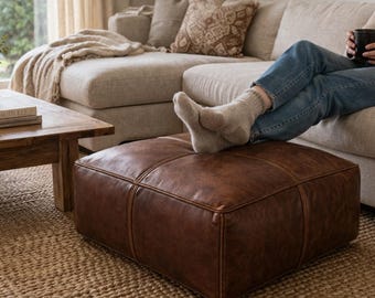 Brown Leather Coffee Table Ottoman Unstuffed – Oversized Square Pouf, Boho Floor Seating, Genuine Leather Footrest, Home Decor