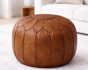 Moroccan Leather Pouf Ottoman Brown Handmade Round Floor Pouf Boho Decor Leather Footstool Ottoman Pouf Moroccan Home Decor Bohemian Style