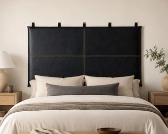 Cabecero de cuero negro para montaje en pared, respaldo de cama tapizado a mano, decoración moderna para dormitorio con paneles, tamaño king/queen a medida.