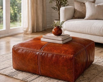 Handmade Moroccan Leather Pouf Ottoman: Square Cognac Footstool Coffee Table (Unstuffed)