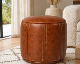 Handmade Round Moroccan Dark Brown Leather Pouf Ottoman Genuine Leather Footstool Living Room Coffee Table Unstuffed Pouf leather