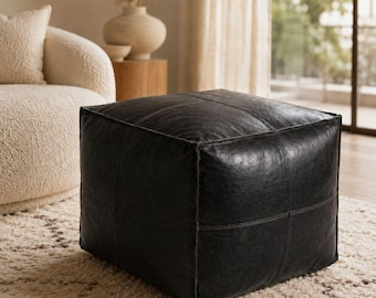 Schwarzer Leder Pouf Ottomane Quadratischer marokkanischer handgefertigter Fußschemel Ungefülltes Bodenkissen Modernes Wohnzimmer Couchtisch Fußstütze Ungefüllt