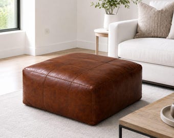 Handgemachter marokkanischer Ottoman Pouf: Dunkelbrauner quadratischer Fußhocker
