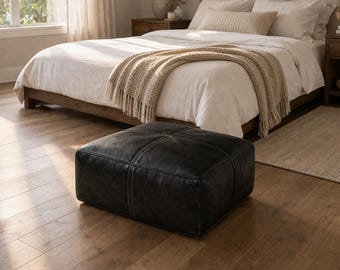 Zwarte grote leren poef niet gevuld – vierkante vloer poefhoes, leren salontafel, modern boho-decor, handgemaakte voetenbank