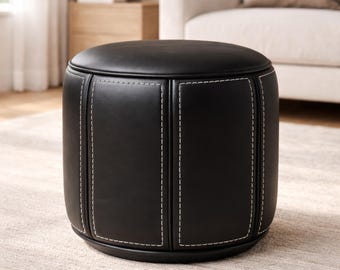 Puf otomano de cuero marroquí negro, reposapiés redondo de cuero genuino hecho a mano, mesa de centro minimalista moderna sin relleno para sala de estar.