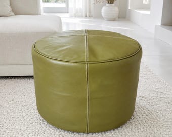 Otomana grande de cuero marroquí verde oliva, puf redondo de cuero genuino, mesa de centro, taburete, taburete, hecha a mano, tamaño personalizado (sin relleno).