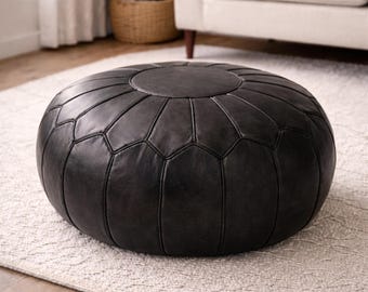 Puf otomano marroquí de cuero marrón oscuro, reposapiés redondo de cuero genuino hecho a mano, decoración rústica sin relleno para sala de estar.