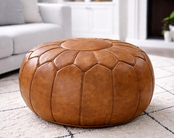 Handcrafted Round Moroccan Brown Leather Pouf Ottoman Genuine Leather Footstool Coffee Table Unstuffed Handmade in Marrakech