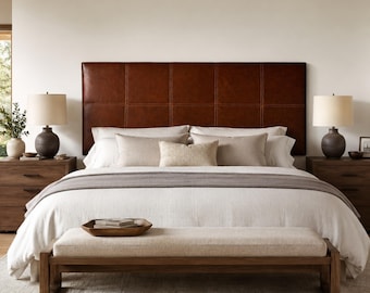 Cabecero de cama tapizado en cuero marrón coñac, cabecero de pared, decoración de dormitorio marroquí hecha a mano en cuero, tamaño personalizado King Queen.