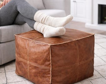 Handcrafted Square Moroccan Leather Ottoman Pouf Genuine Leather Footstool Coffee Table Unstuffed Handmade in Marrakech