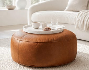 Large Tan Round Moroccan Leather Pouf Ottoman Cognac Genuine Leather Handmade Coffee Table Footstool Boho Living Room Unstuffed