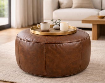 Large Brown Round Moroccan Leather Pouf Ottoman Cognac Genuine Leather Handmade Coffee Table Footstool Boho Living Room Unstuffed