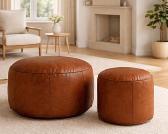 Handmade Round Moroccan Brown Leather Pouf Ottoman Dark Brown Genuine Leather Footstool Coffee Table Pouffe Boho Home Decor