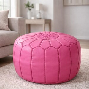 Handmade Pink Leather Pouf Ottoman Round Moroccan Floor Seating Footstool Boho Modern Living Room Decor Genuine Leather image 6