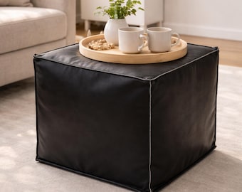 Black Square Moroccan Leather Pouf Ottoman Unstuffed, Large Cube Floor Pouf, Handmade Genuine Leather Coffee Table Footstool