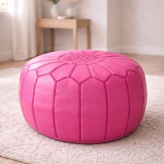 Handmade Pink Leather Pouf Ottoman Round Moroccan Floor Seating Footstool Boho Modern Living Room Decor Genuine Leather