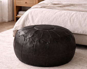 Puf marroquí redondo de cuero negro hecho a mano, reposapiés de cuero genuino, mesa de centro, asiento de suelo sin relleno, decoración