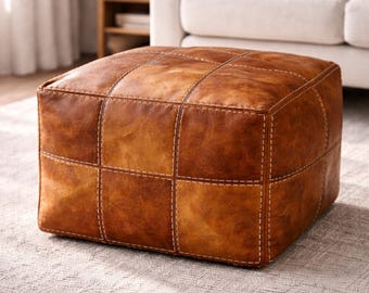 Pouf marocain en cuir marron ottoman cube fait main en cuir véritable repose-pieds non rembourré carré sol table basse déco