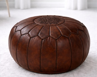 Ręcznie robiony okrągły marokański ciemnobrązowy skórzany puf podnóżek ze skóry naturalnej stolik kawowy siedzisko podłogowe bez wypełnienia
