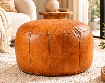 Round Genuine Leather Pouf Ottoman Moroccan | Handmade Tan Brown Footstool | Boho Floor Cushion Leather Footrest Living Room Unstuffed