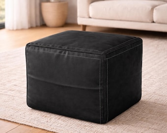 Black Square Leather Pouf Cover Unstuffed – Handmade Moroccan Ottoman – Large Floor Seating – Modern Living Room – Coffee Table Pouf