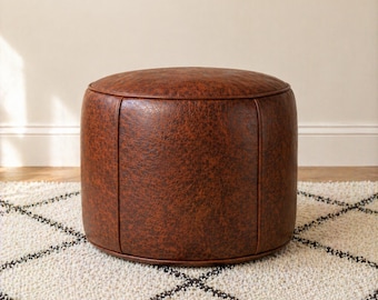 Distressed Leather Round Ottoman | Vintage Brown Leather Pouf | Boho Living Room Footstool | Handcrafted Coffee Table Ottoman