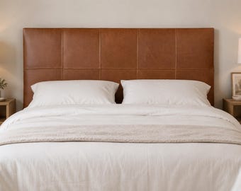 Handmade Brown Leather Headboard, Wall Mounted Upholstered Genuine Leather Bed Headboard, Custom Size Modern King Queen Twin Headboard