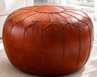 Puf otomano redondo marroquí de cuero marrón hecho a mano, taburete de cuero genuino, mesa de centro, asiento de suelo sin relleno.