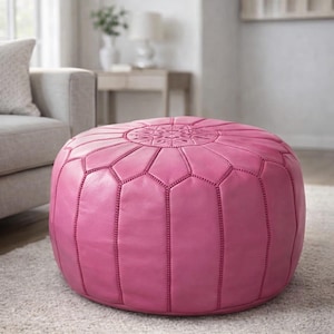 Handmade Pink Leather Pouf Ottoman Round Moroccan Floor Seating Footstool Boho Modern Living Room Decor Genuine Leather image 7