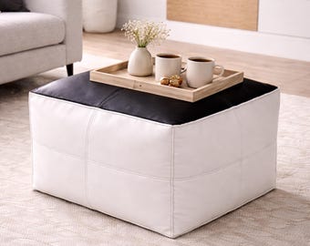 Puf marroquí de cuero blanco y negro, cuadrado, otomano, reposapiés de cuero bicolor, cubo, sin relleno, estilo bohemio, para sala de estar.