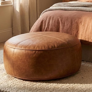 Handmade Cognac Brown Leather Pouf Ottoman | Genuine Leather Footrest (Unstuffed)