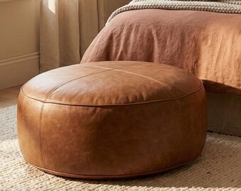 Handgemaakte ronde leren poef poef | Cognacbruine lederen voetensteun | Boho-chique slaapkamerdecoratie | Rustige luxe zonder vulling