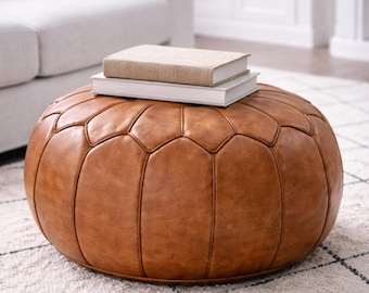 Handcrafted Moroccan Leather Ottoman Pouf Round Genuine Leather Footstool Coffee Table Unstuffed Handmade in Marrakech Brown Pouf