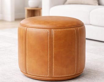 Pouf marocain rond en cuir beige clair ottomane repose-pieds en cuir véritable table basse non rembourré fait main à Marrakech