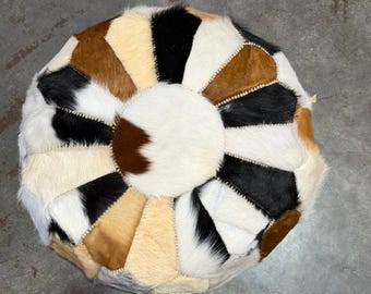 Handmade Round Cowhide Leather Pouf Ottoman, Moroccan Patchwork Footstool, Genuine Hide Floor Seating, Rustic Modern Home Accent