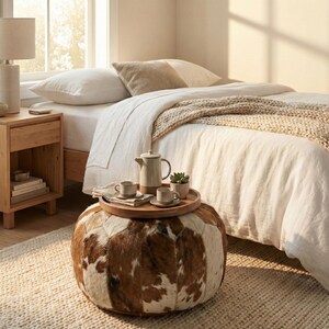 May include: A bedroom scene with a round ottoman covered in brown and white cowhide. A wooden tray with a teapot, cups, and a small plant sits on top. The bed has white linens and a beige knitted throw.