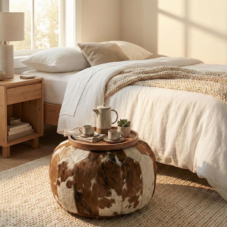 May include: A bedroom scene with a round ottoman covered in brown and white cowhide. A wooden tray with a teapot, cups, and a small plant sits on top. The bed has white linens and a beige knitted throw.