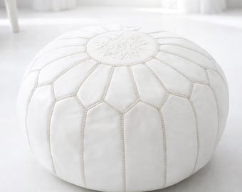 Puf otomano de cuero marroquí blanco hecho a mano, reposapiés redondo de cuero genuino, asiento de suelo sin relleno