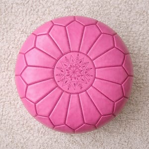 Handmade Pink Leather Pouf Ottoman Round Moroccan Floor Seating Footstool Boho Modern Living Room Decor Genuine Leather image 5