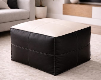 Puf otomano marroquí de cuero blanco y negro, reposapiés cúbico de cuero genuino hecho a mano, decoración moderna sin relleno para sala de estar.