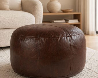 Handmade Round Moroccan Dark Brown Leather Pouf Ottoman Genuine Leather Footstool Coffee Table Floor Seating Unstuffed