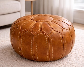 Handmade Round Moroccan Brown Leather Pouf Ottoman Genuine Leather Footstool Coffee Table Unstuffed Floor Seating Living Room