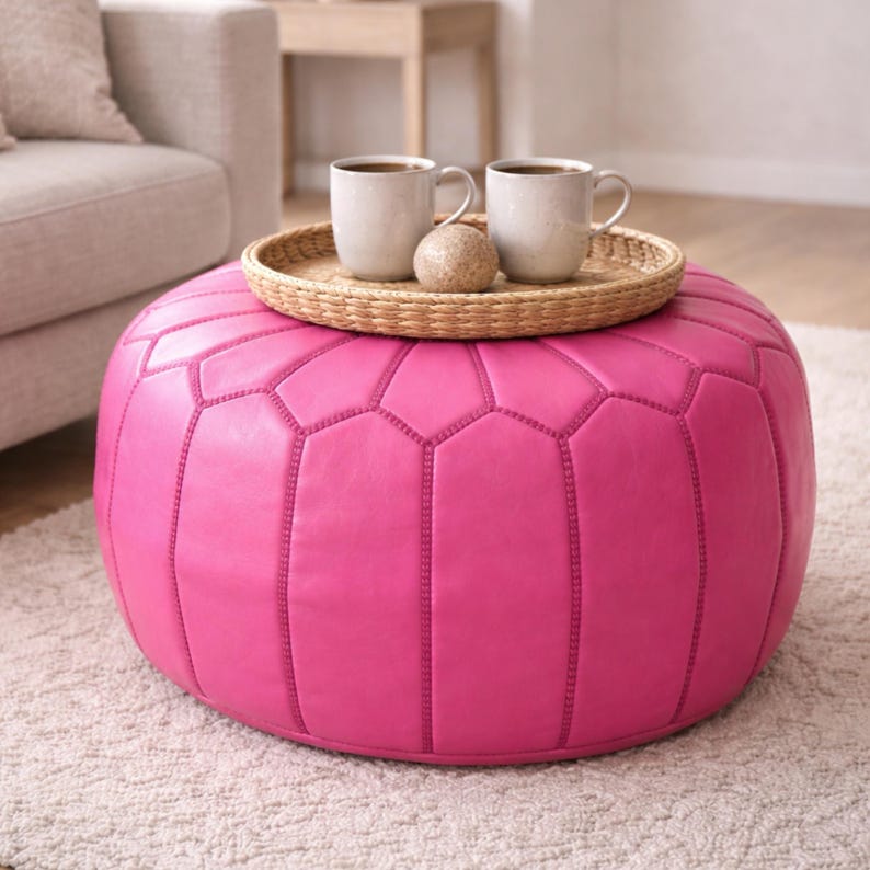 Handmade Pink Leather Pouf Ottoman Round Moroccan Floor Seating Footstool Boho Modern Living Room Decor Genuine Leather image 4