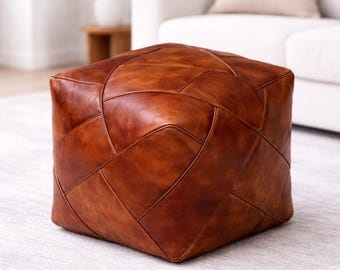 Handmade Square Moroccan Dark Brown Leather Pouf Ottoman Genuine Leather Footstool Coffee Table Unstuffed Handmade
