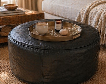 Puf redondo de cuero negro: Taburete marroquí auténtico, asiento para mesa de centro.