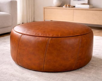 Puf otomano redondo marroquí de cuero marrón hecho a mano, reposapiés de cuero genuino, mesa de centro, asiento de suelo moderno sin relleno